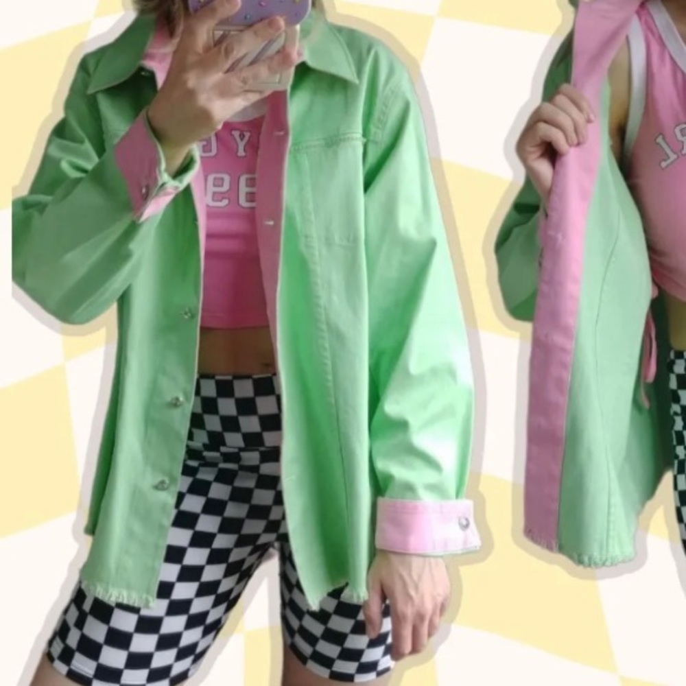 Vintage Quacker Factory Lime Green Jean Jacket Rhinstones Raw Hem Women’s Size M